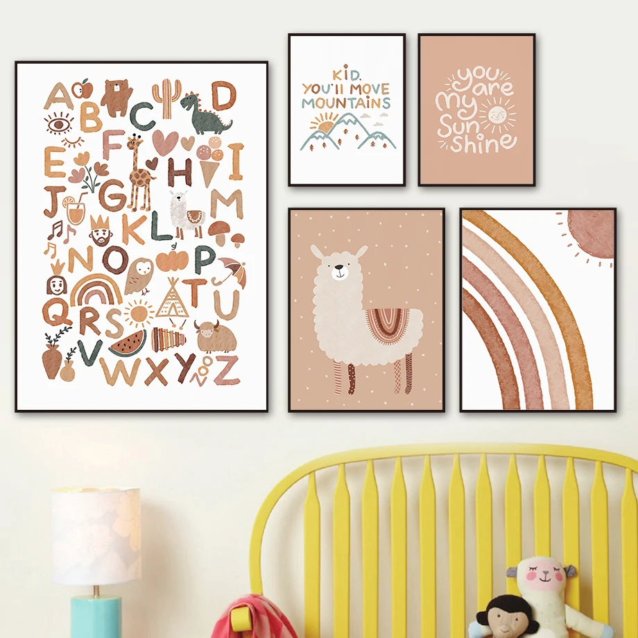 

Alpaca Sun Rainbow Alphabet ABC Wall Art Canvas Painting Nordic Posters And Prints Wall Pictures For Kids Room Bedroom Decor