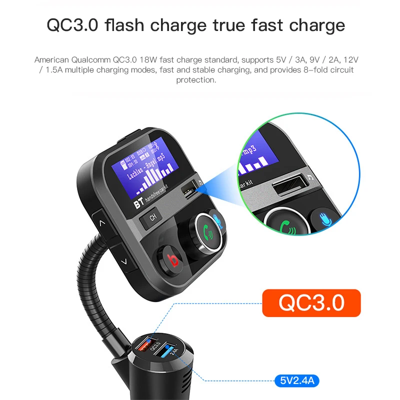 

BT90 Bluetooth 5.0 Hands Free Call In-Car FM Transmitter Car Kit Dual USB QC3.0 Quick Charge U Disk Mp3 Player One Key Bass