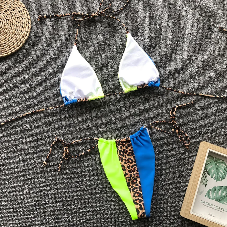 

KUKAKEY Blue and Leopard and Green Patchwork Bikini Set Summer Swimsuit Sexy Thong Swimwear Women Bathers String Bathing Suit