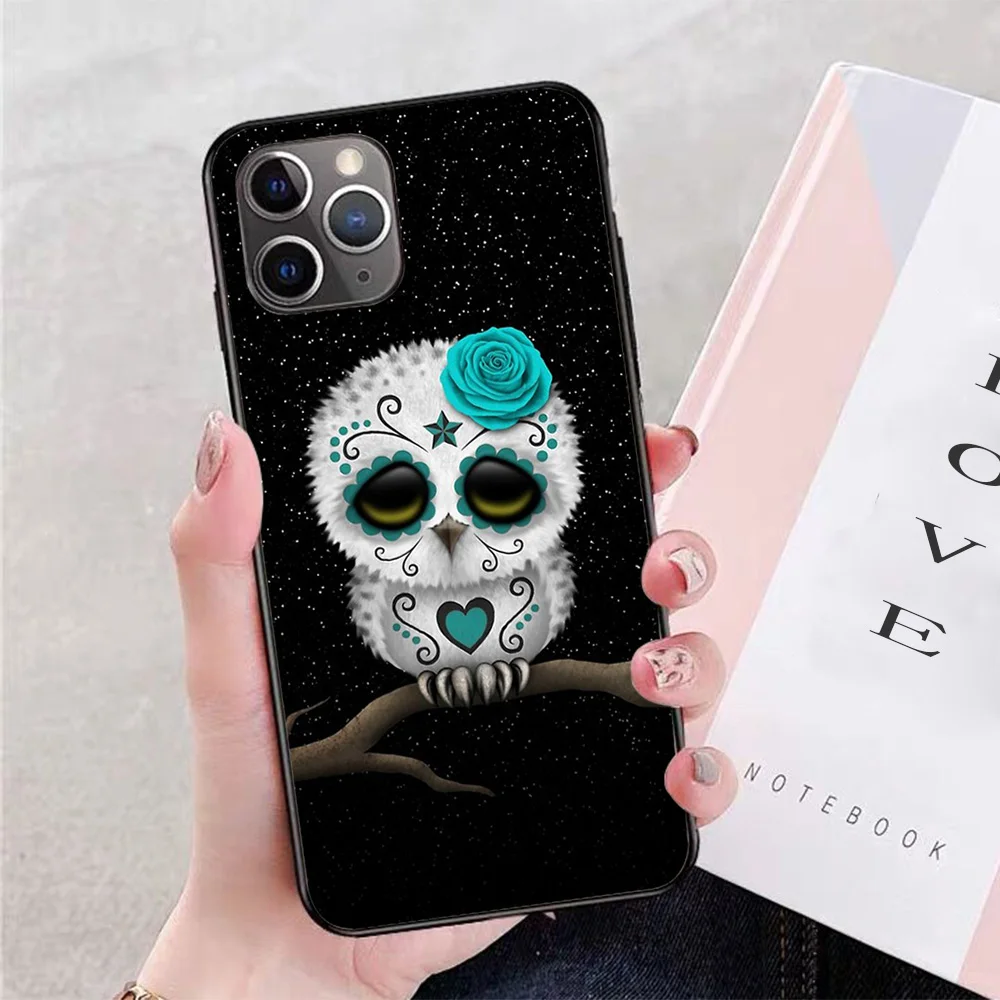 

For iPhone Cute Teal Blue Day of the Dead Sugar Skull Owl Soft TPU Border Apple iPhone Case