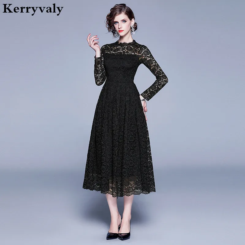 Новинка Осеннее черное кружевное платье с вырезами женское миди длинным рукавом