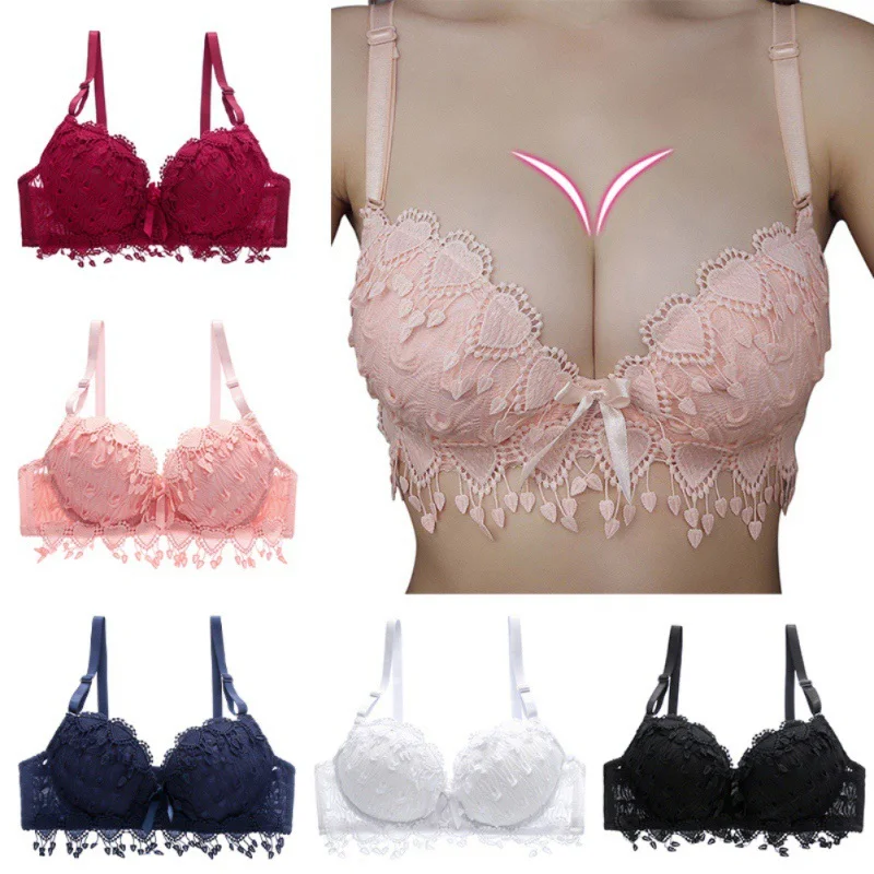 

Women's Tassel Lace Trim Bras Comfy Breathable Push Up Bralette Sexy Solid Color Bra With Bow