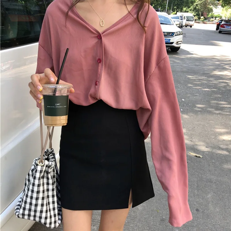 

Women's Casual V Neck Button Up Long Sleeve Solid Blouse