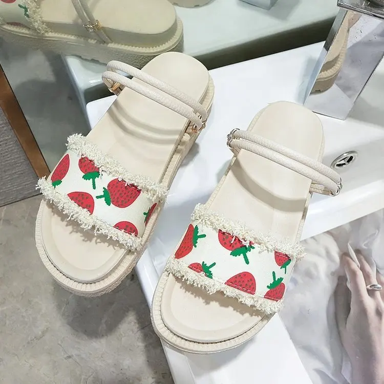 

Fruit Print Summer Sandals Slides for Women 2021 Flat Platform Sandals Bohemian Holidays Beach Slippers Plus Size Woman Shoes