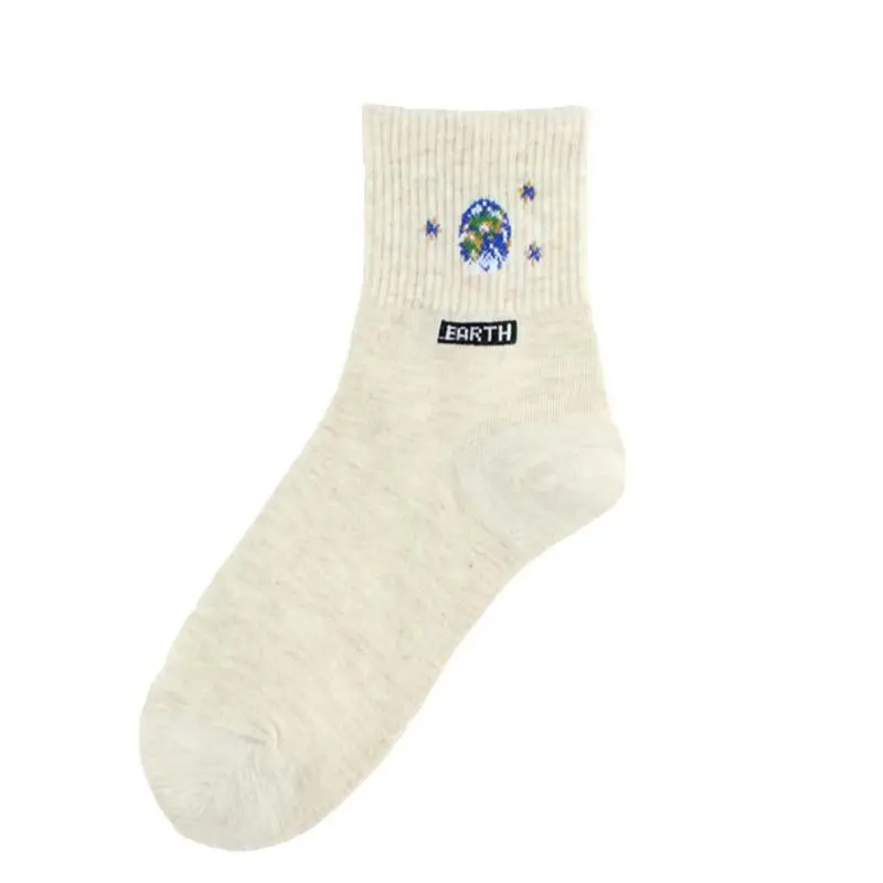 

Korean Women Funny Cotton Crew Socks Cartoon Moon Sun Earth Planet Print Hosiery X5XD