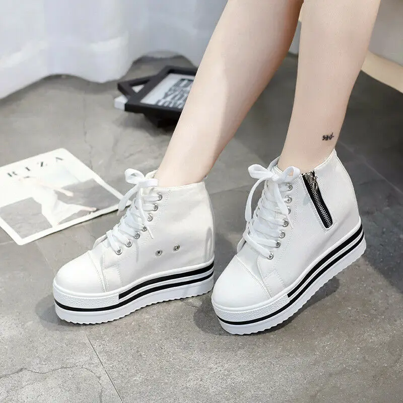 

Модные женские холщовые туфли на платформе со скрытой танкеткой 4,5 см, повседневные туфли со шнуровкой и молнией