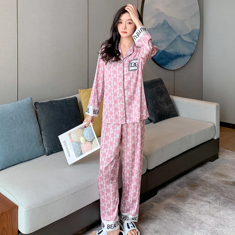 Spring/summer 2021 new set pajamas women's satin chiffon long sleeve trousers home thin two-piece set