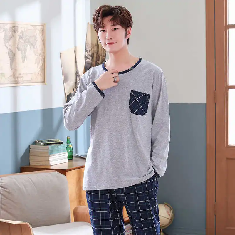 

New spring 2021 men long-sleeve male pyjamas set in pajamas cotton complete man homewear 4xl