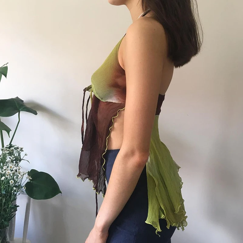 

IAMSURE Patchwork Mesh Halter Top Sexy See Through Split Side Tie Front Deep V-Neck Sleeveless Tank Tops Women 2021 Clubwear Y2K