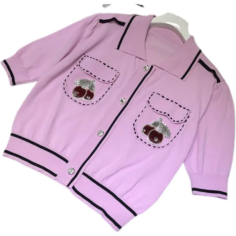 

Juice Snow 2021 Korean Style New Lapel Cherry T Shirt Beaded Spring/Summer Women Knitting T Shirt Short-Sleeved Thin Top Sweater