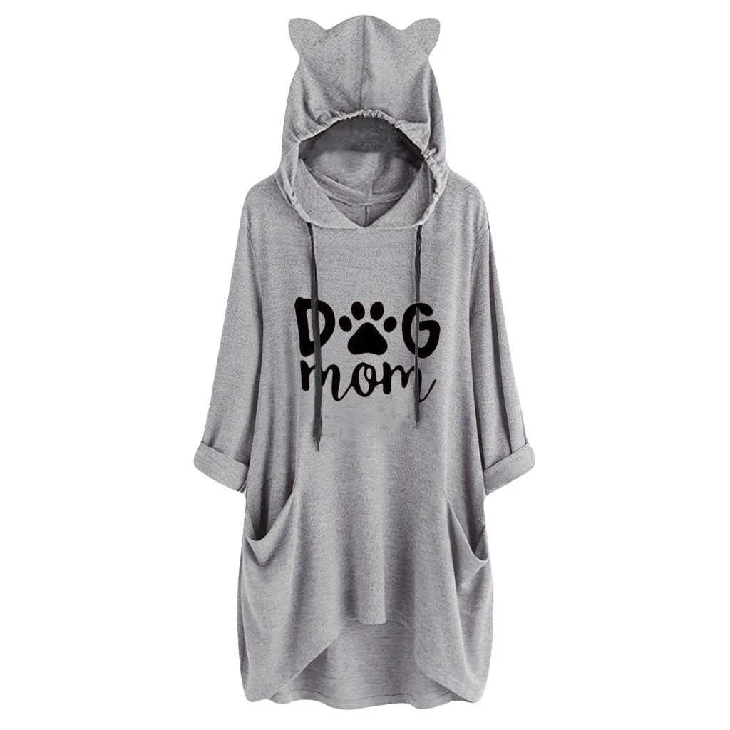 Women Hooded Sweatshirt Long Sleeves Cat Ear Dog Mom Print Pocket Shirt Irregular Top Hoodie Streetwear Women Oversized Hoodies