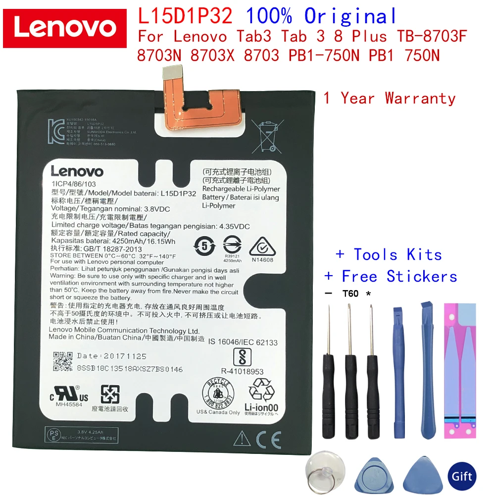 100% оригинал 4250 мАч l15d1p32для Lenovo Tab3 Tab 3 8 Plus TB 8703F 8703N 8703X 8703 PB1 750N батарея
