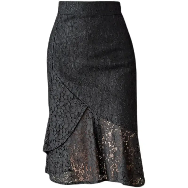 

2021 Summer Skirts Women Slim Package Hip Sexy Trumpet Skirts Female Formal Midi Lace Skirt Office Lady Skirt Black White