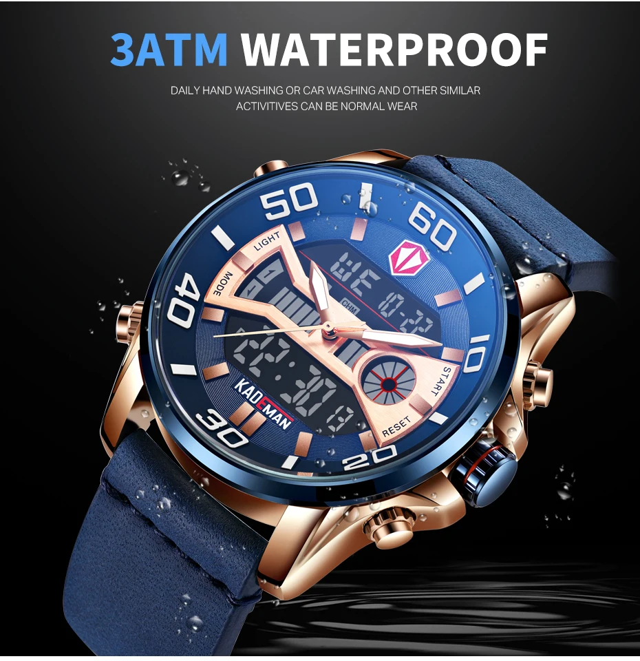 New Men Watch TOP Quality Sport Watch 3ATM LED Display Tech Wristwatch KADEMAN Fashion Brand Design Casual Leather Clcok Relogio