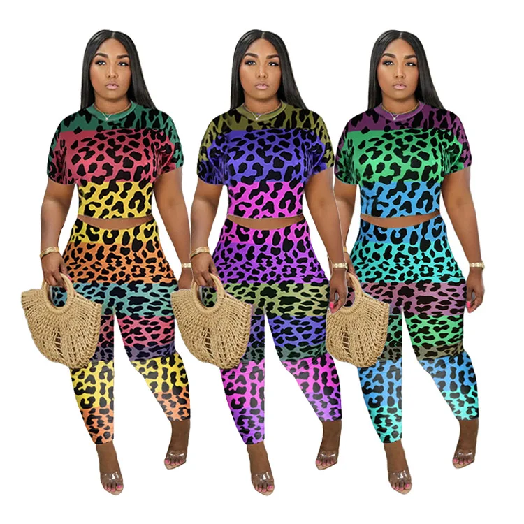 

Hot Sale Women Set O-Neck Short Sleeve Crop Top Shirt Skinny Legging Leopard Print Casual Outfits Plus Size Party 2020
