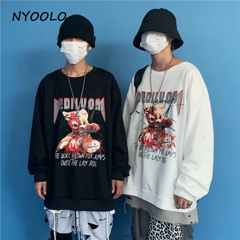 NYOOLO Harajuku дизайн кровавый медведь с буквенным принтом теплые флисовые толстовки Осень Зима Свободные О-образным вырезом пуловеры Толстовка для женщин и мужчин