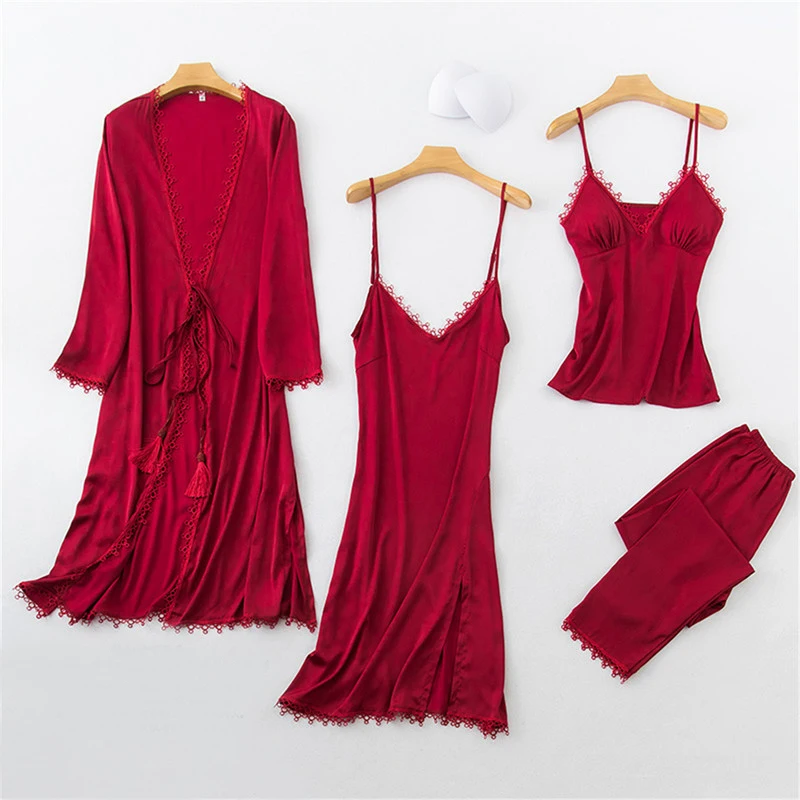 Женский пижамный комплект из 4 предметов пижама с v-образным вырезом и длинным