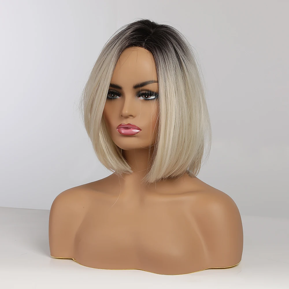 

Brown to Light Blonde Ombre Hair Short Straight Bob Hairstyle Synthetic Wigs Side Part for Women Cosplay Heat Resistant Wigs