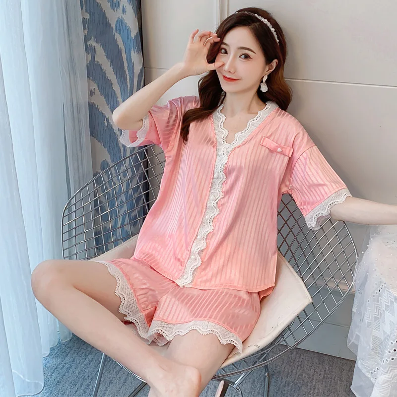Summer Women's Pajamas Sets Ice Silk Solid Sexy Nightwear V-Neck Lace Short Sleeve Nightgown Home Wear Sleepwear Loungewear