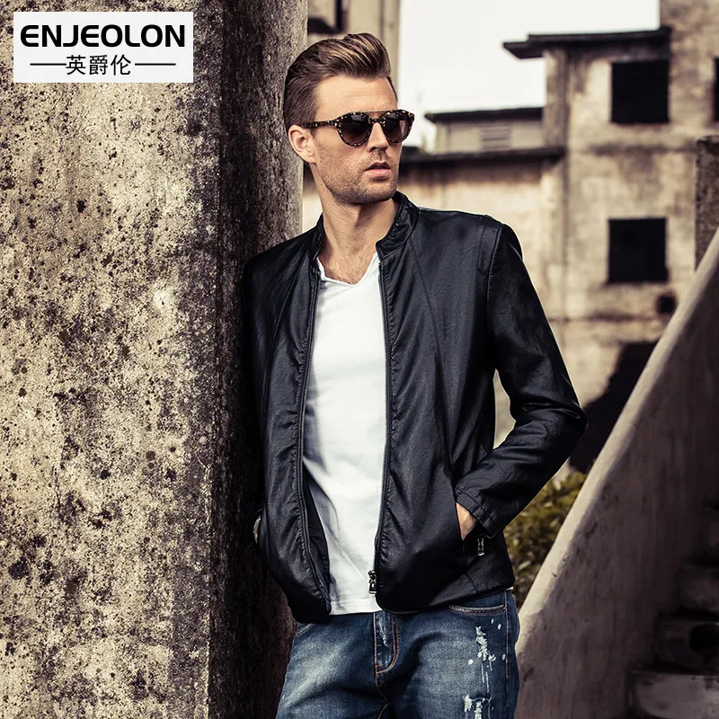 Enjeolon брендовые мотоциклетные мужские кожаные куртки обычные тонкие мужская одежда на молнии со стоячим воротником мужские повседневные Черные пальто P203 - Цвет: P219 Black