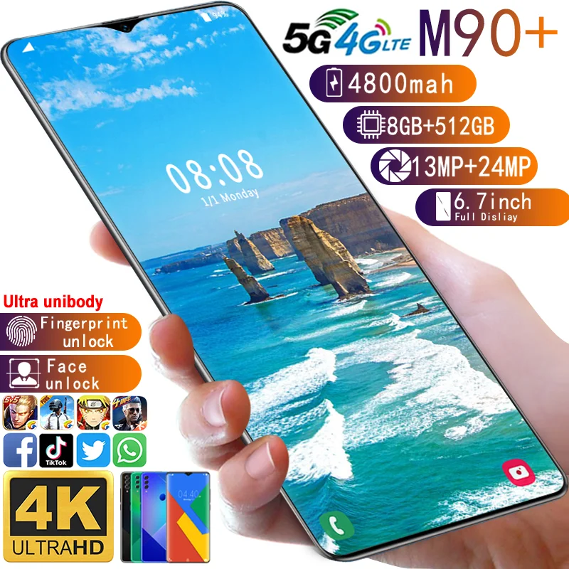 

2021 Sale New Smartphone M90+ Global Version 8G 512G Android10 5G 4800mah 13MP 24MP Face fingerprint unlocking 6.7 Inch