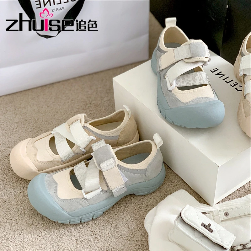 

Leather ugly cute shoes Velcro flat bottom female autumn big toe shoes ins tide doll shoes net red casual sports shoes