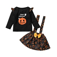 girls pumpkin print clothes set letter print long sleeve o neck t shirtsuspender skirt with bow knot