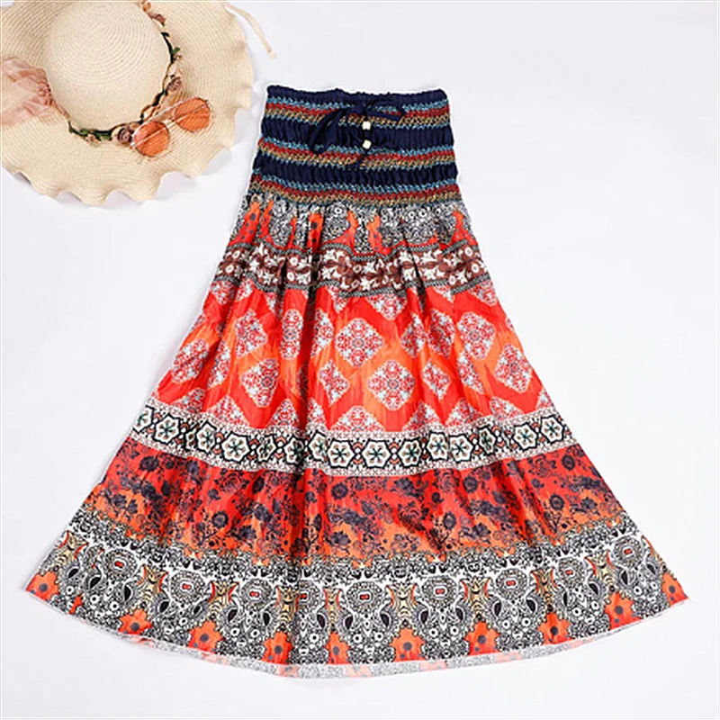 Богемная длинная юбка с цветочным рисунком Женская плиссированная