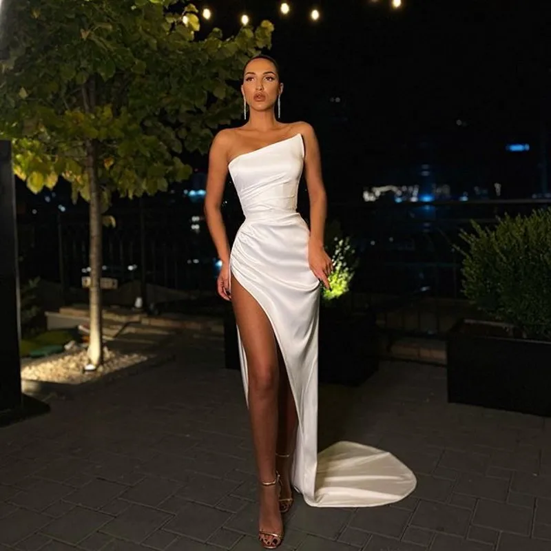 2021 сексуальные белые платья для выпускного вечера с высоким разрезом атласные
