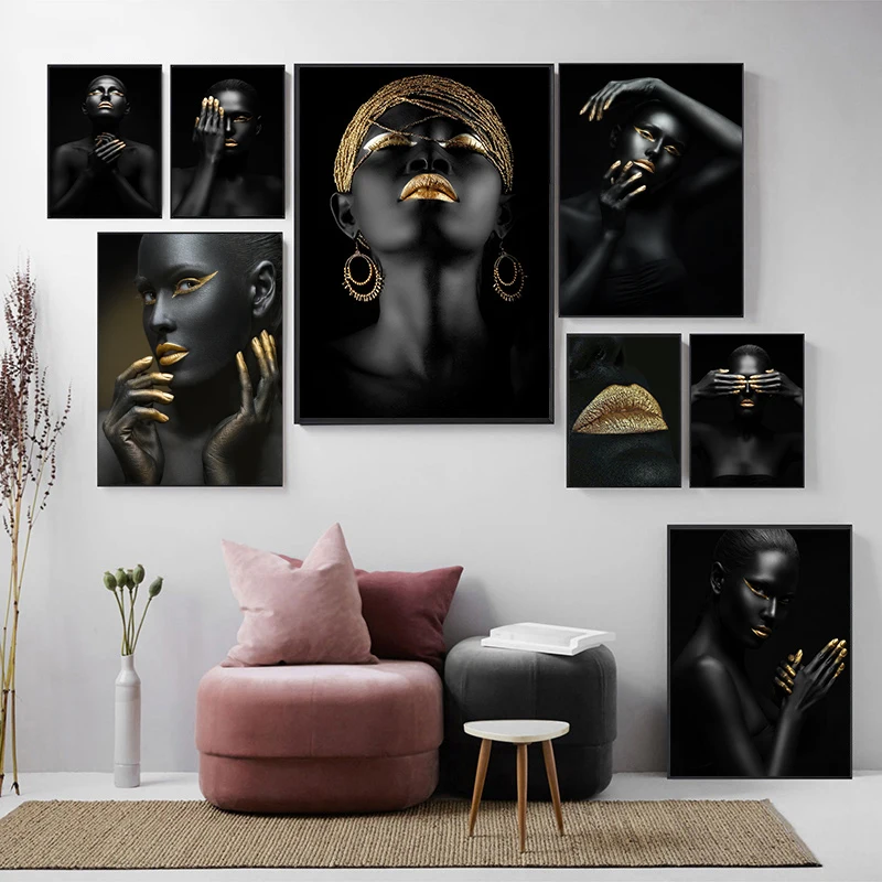 Современное настенное искусство золотые и черные африканские обнаженные