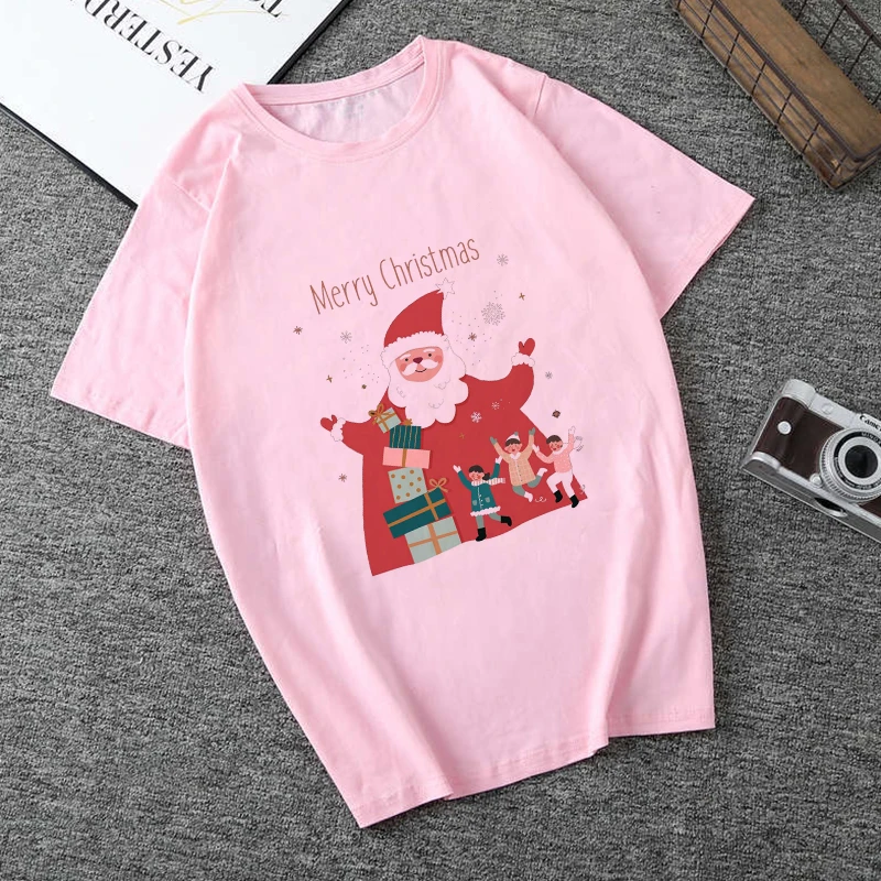 Рождественская футболка с принтом для женщин 2019 милая розовая в стиле Харадзюку