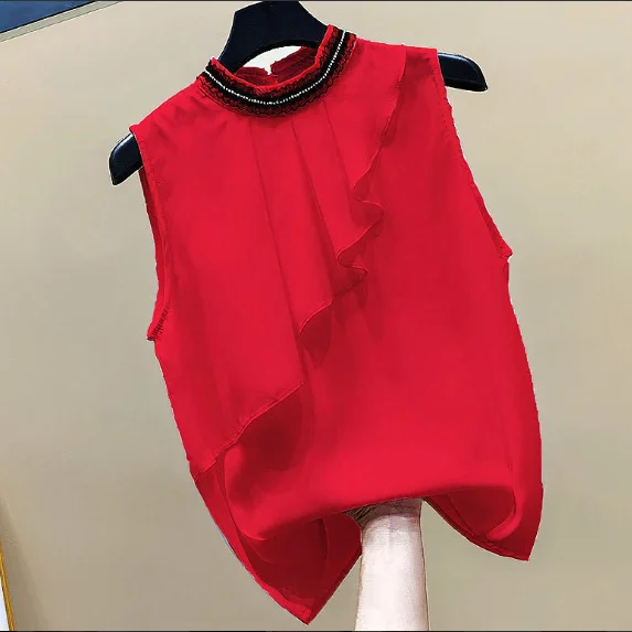 

2021 summer dress super immortal minority Ruffle waistcoat, versatile temperament, sleeveless chiffon shirt, short sleeve blouse