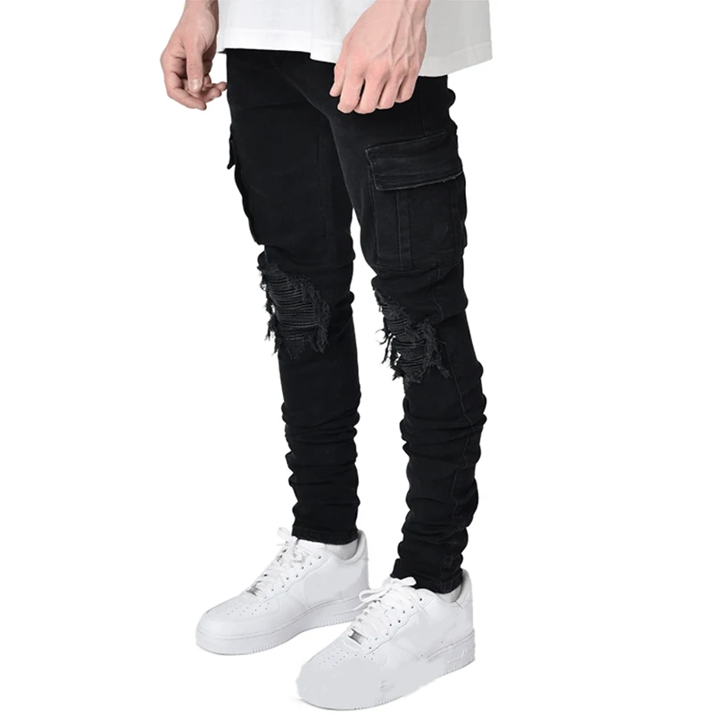 Men's Ripped Denim Trouser Skinny Elastic Boys Hole With Multi Pockets Zipper pantaloon slim Black Cargo Jeans pants for men