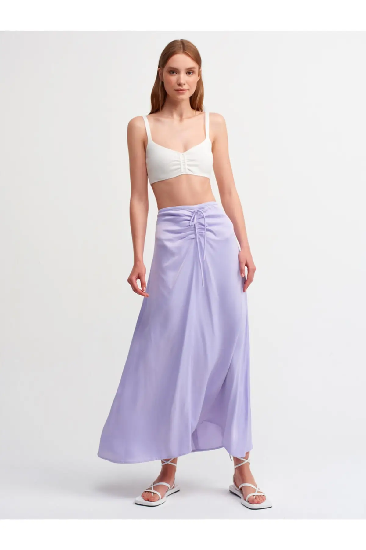 

Женская атласная длинная юбка 8790, сиреневая