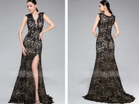 black crystal beaded sleeveless side slit long lace dress party evening elegant dress 2015 new hot sexy a line formal dresses