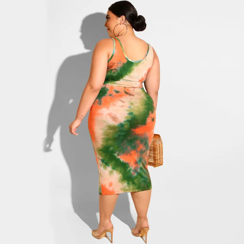 XL 4XL плюс размер юбка набор 2019 галстук краситель печати укороченный топ + миди Bodycon