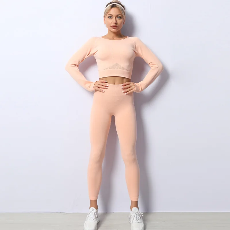 

Seamless Yoga Suit Women Long Sleeve Crop Top High Waist Leggings Knitted Fitness Outfits Sports Clothing Sportswear Gym Wear