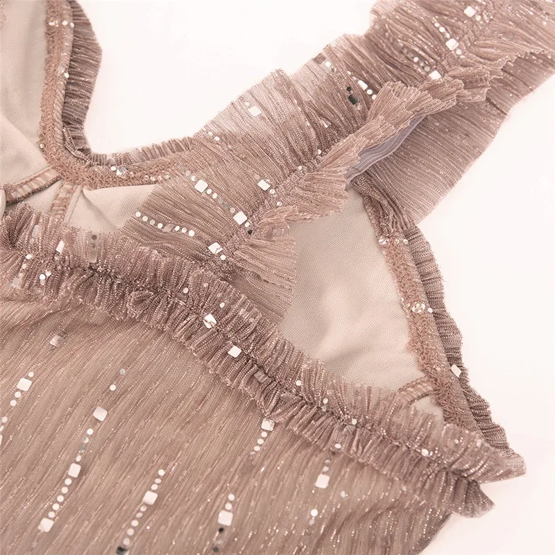 Женское мини-платье с блестками лоскутное Плиссированное квадратным вырезом