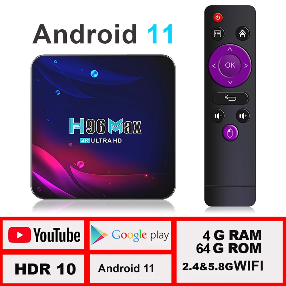 

ТВ-приставка H96max на Android 11, 2021 дюйма, 4 + 64 ГБ, Wi-Fi 2,4/5,8 ГГц