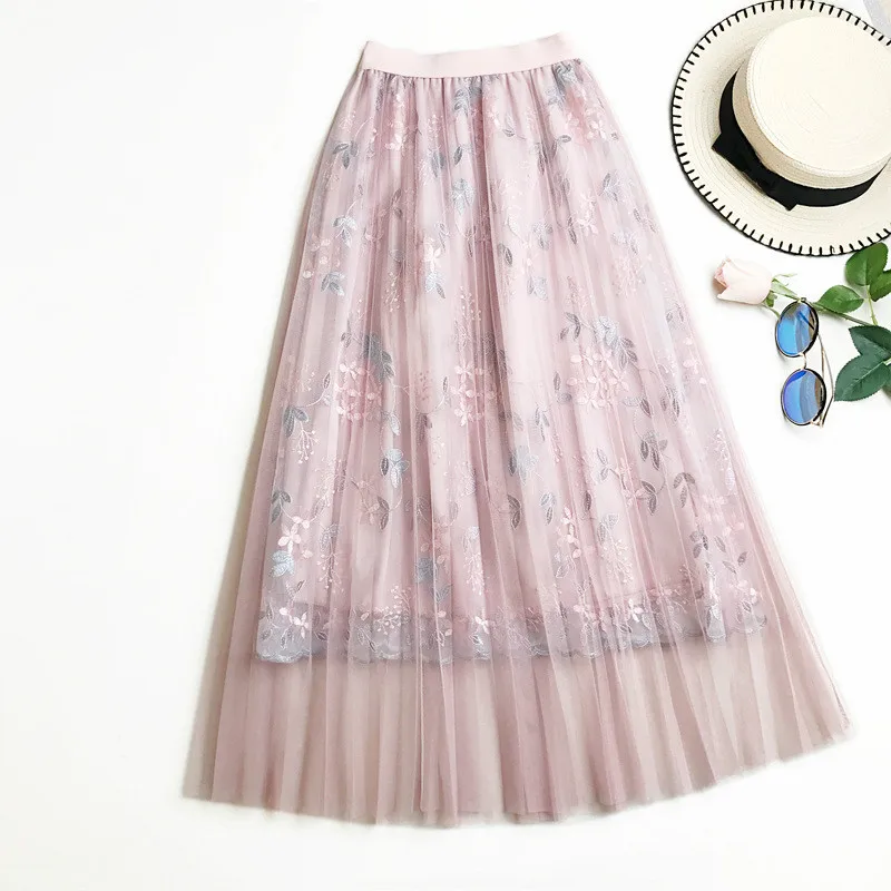 

Summer Women Skirt Elegant Embroidered High Waist A Line Long Fairy Pleated Mesh Skirt Sweet Cute Floral High Waist Skirts Girls