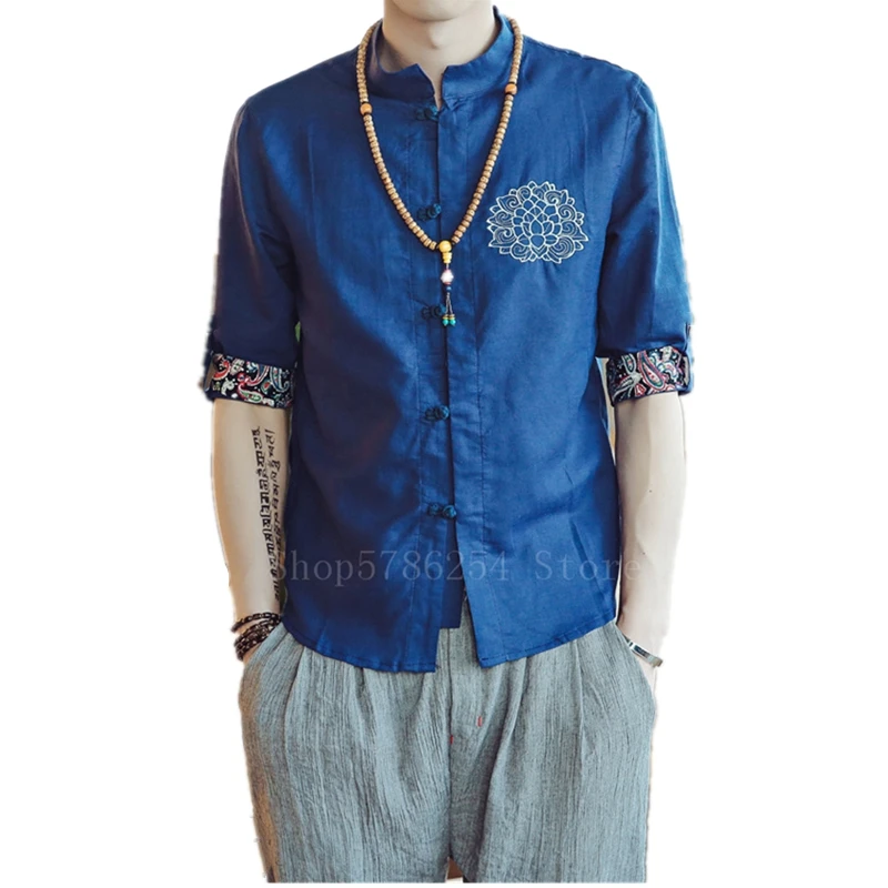 Мужские хлопковые льняные рубашки традиционная китайская одежда с вышивкой для
