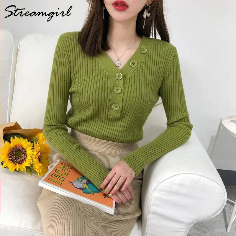 V-neck Ribbed Sweater With Buttons Women Jumper Pullovers Knitted Stylish White For Sweaters And Spring | Женская одежда