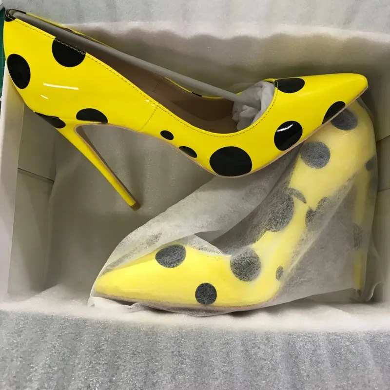 

Yellow Black Polka Dots High Heel Shoes 12cm Printed Patent Leather Stiletto Heel Pumps Shoes Women Pointed Toe Party Dress Shoe