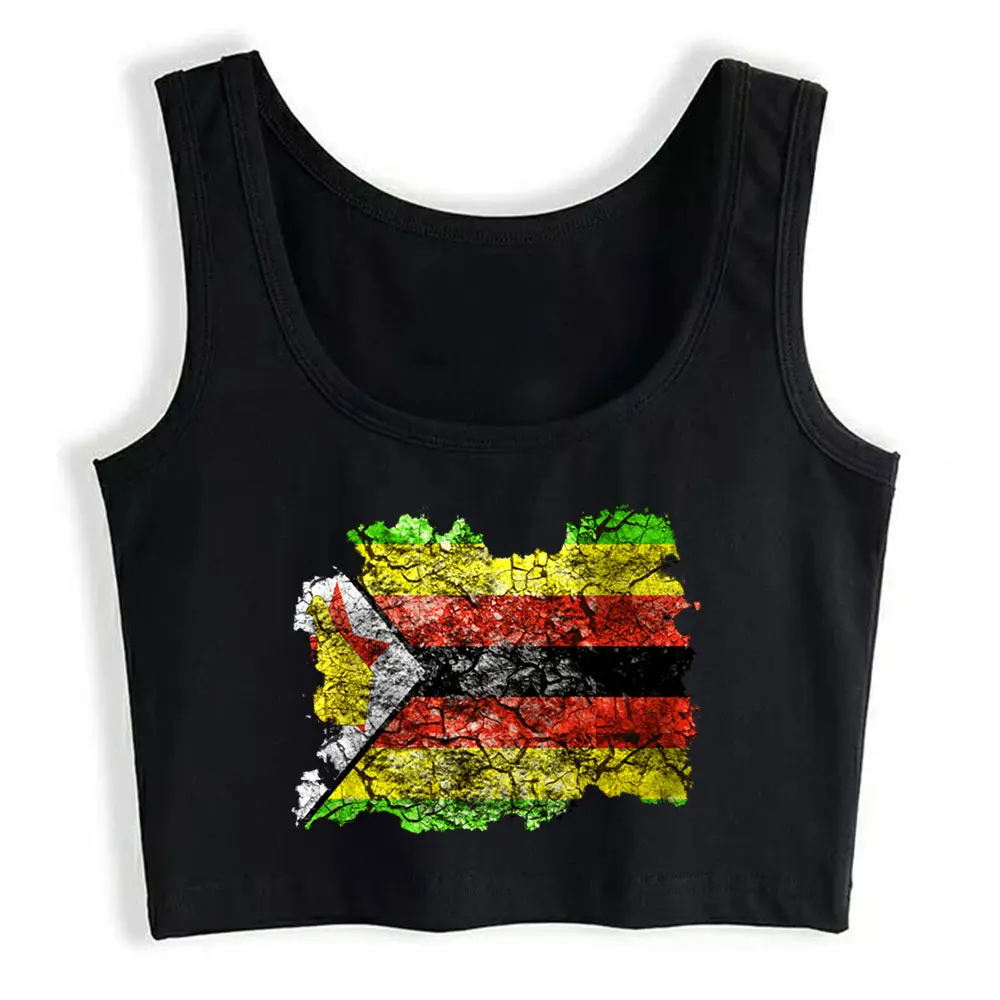 

Boho Crop Top Zimbabwe Vintage Flag Sexy Black Print Y2k Tops Womens Tops blusas mujer de moda 2021 verano Gym Tank Top Women