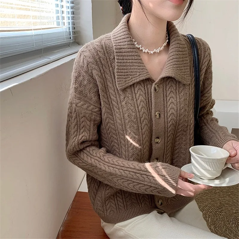 

2021 Spring Autumn Korean Fashion Womens Gentle Temperament Lapel Knitted Cardigan Single-breasted Solid Sweater Coat