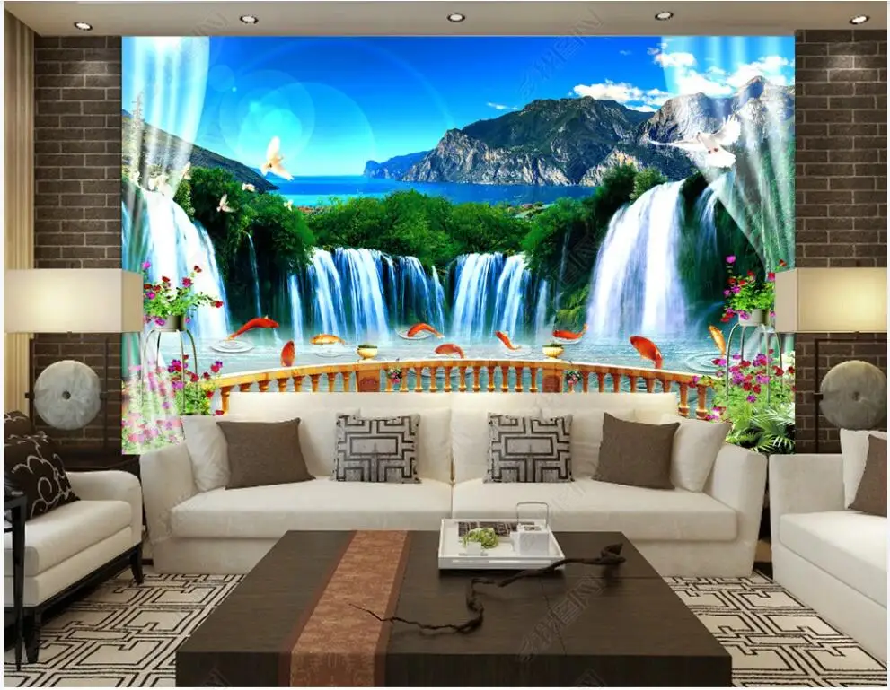 

custom mural 3d photo wallpaper Beautiful view of mountain flowing water waterfall balcony Wallpaper for walls in rolls