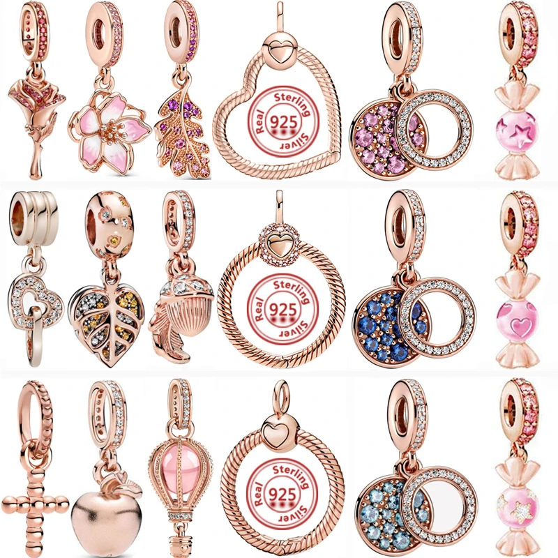 

Rose Gold Flower Leaves Heart Pavé Shiny Dangle Charm Beads Fit Original Pandora Bracelet Women 925 Sterling Silver Jewelry Gift
