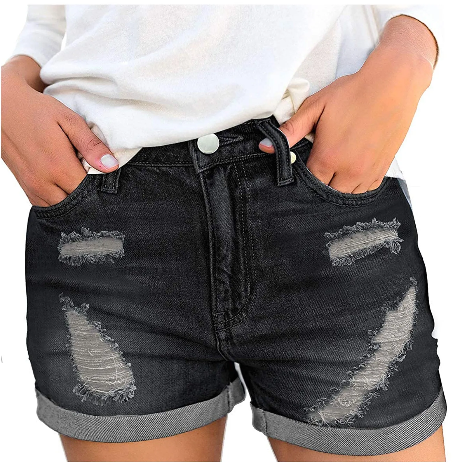 

Hot Women's Fashion Flanging Cowboy Manual Shorts Wear Trendy Out Pants Hole Pants
