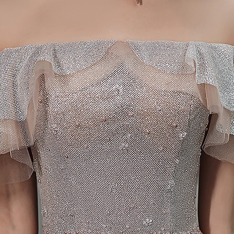 

Evening Dresses New Champagne Boat Neck Ruffles Bling A-line Floor-length Plus size Customized Beading Simple Formal Dress R1582