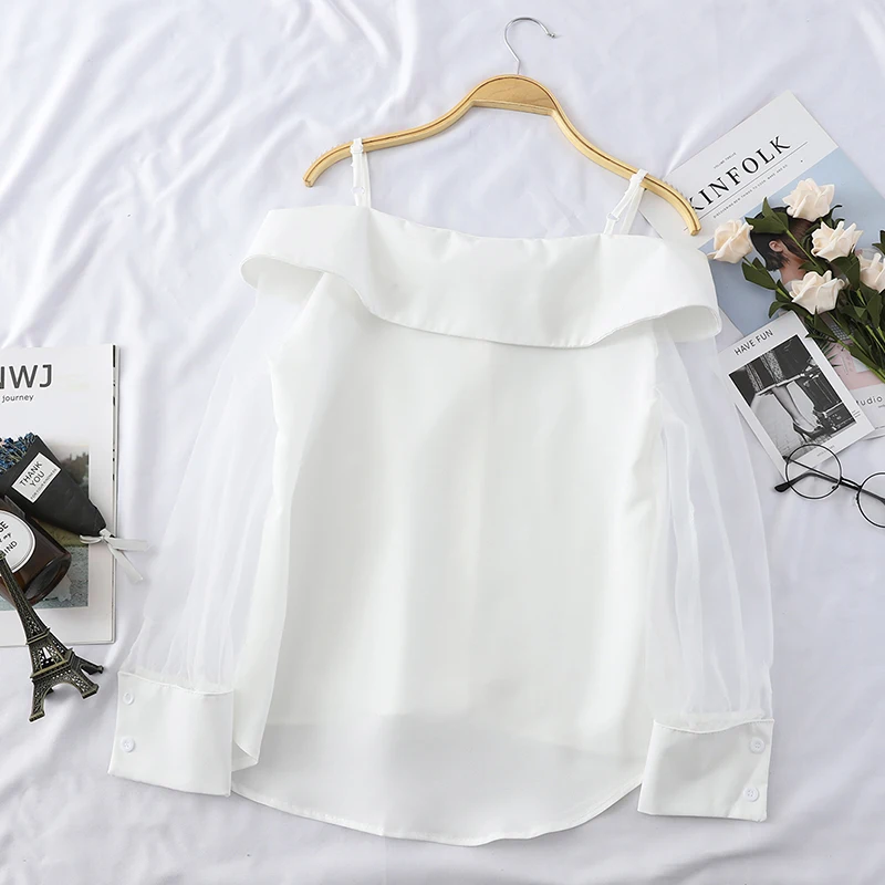 Женская блузка HELIAR прозрачная из органзы с открытыми плечами на пуговицах